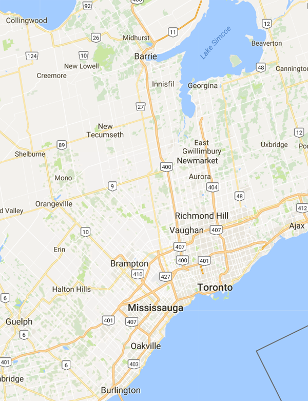 service area map showing greater Toronto Area, Orangeville, Caledon, Bolton, Guelph, Goergetown